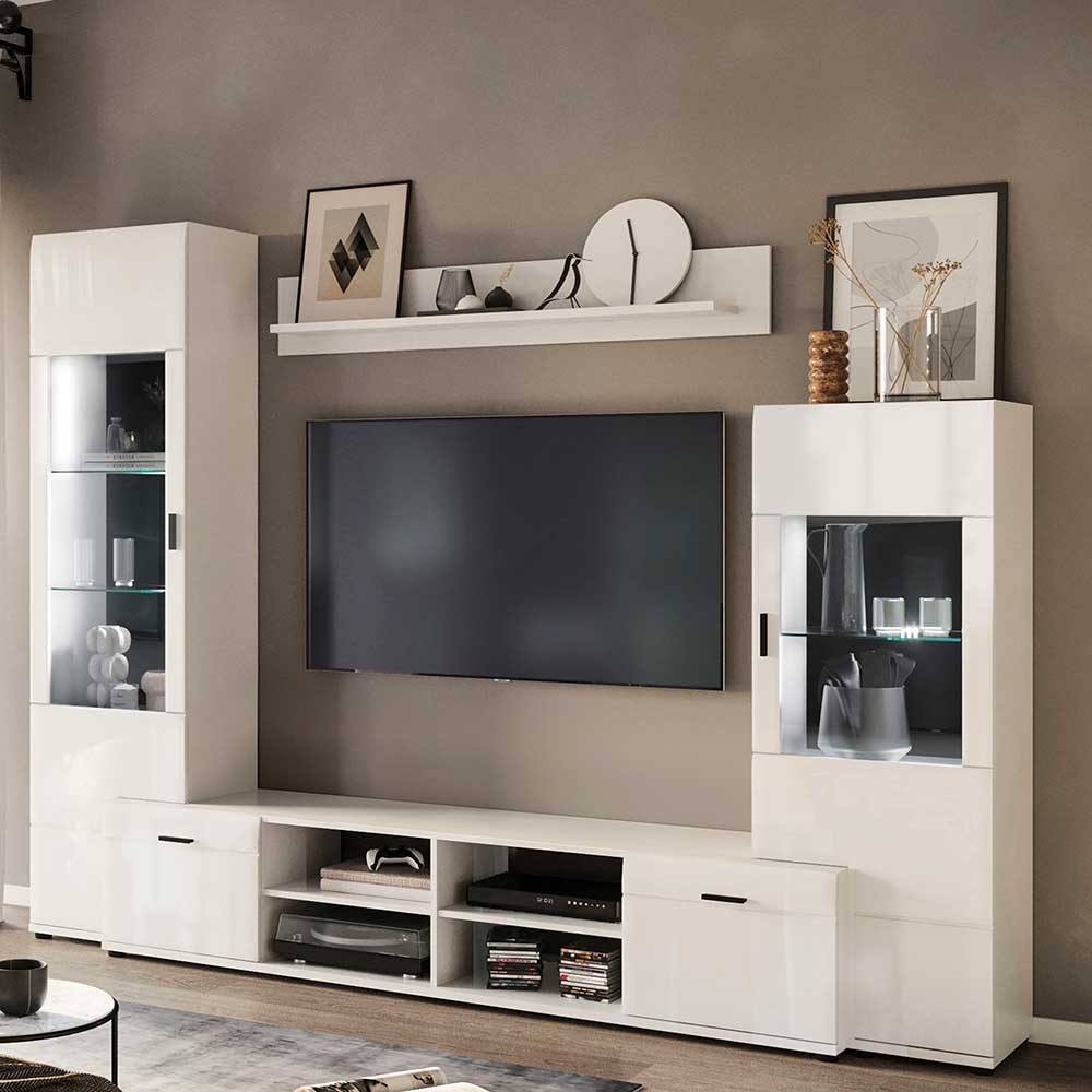Möbel4Life Wohnzimmer Schrankwand in Weiß Hochglanz modern (vierteilig)