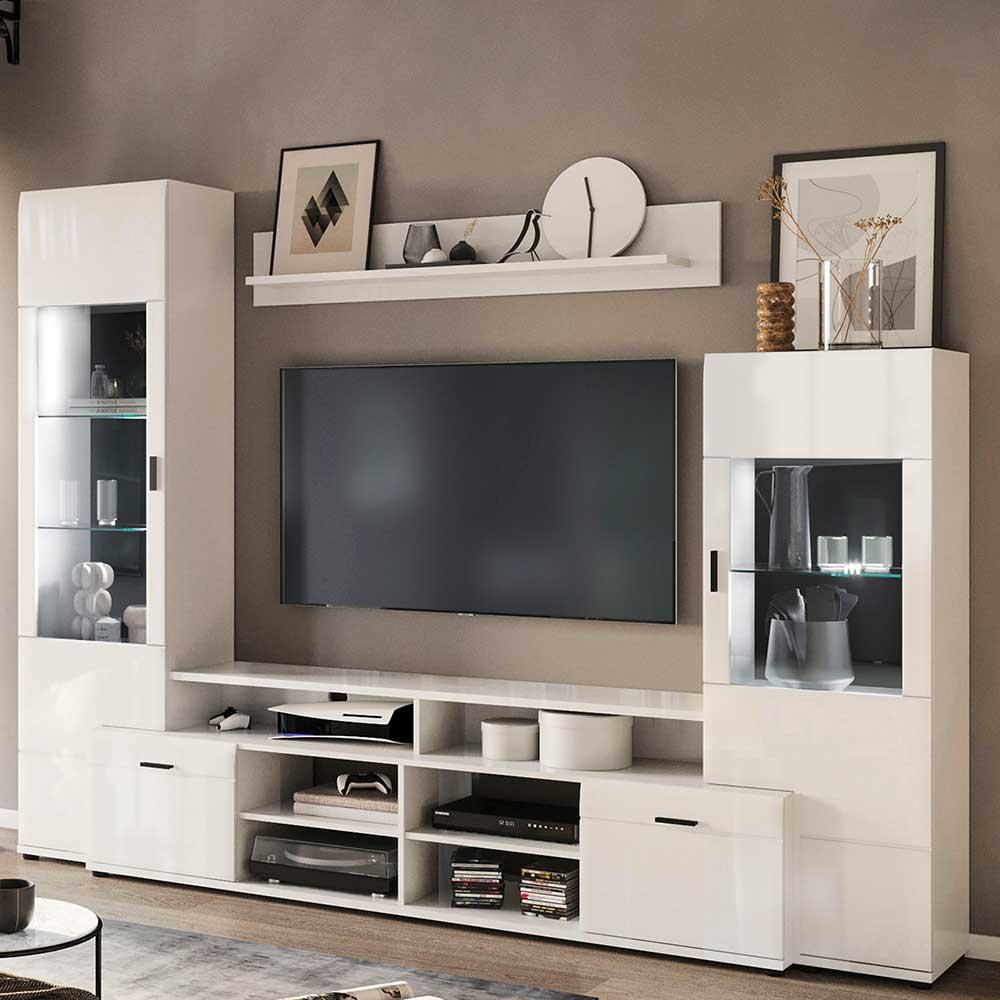 Möbel4Life Moderne Wohnzimmerwand mit TV Aufsatz Weiß Hochglanz (fünfteilig)