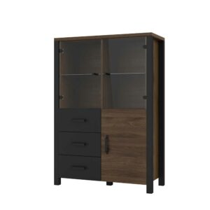 4Home Highboard Vitrine in Walnussfarben und Schwarz drei Schubladen