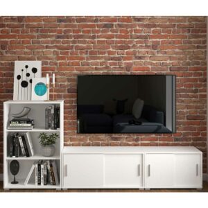 Möbel4Life Weiße Wohnwand modern mit Schiebetüren 236 cm breit (dreiteilig)