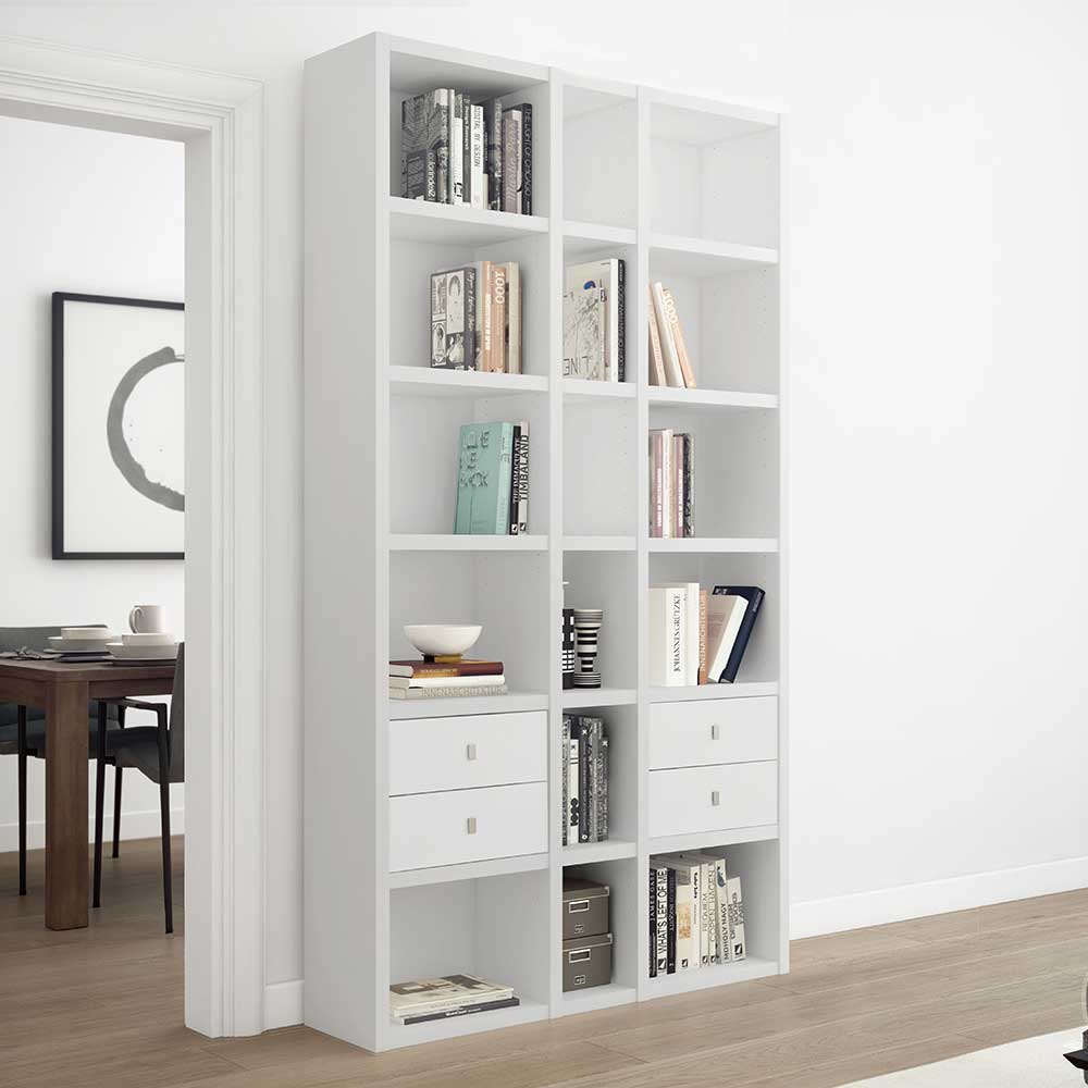 Star Möbel Wohnzimmer Regal mit Schubladen in Weiß 222 cm hoch - 120 cm breit
