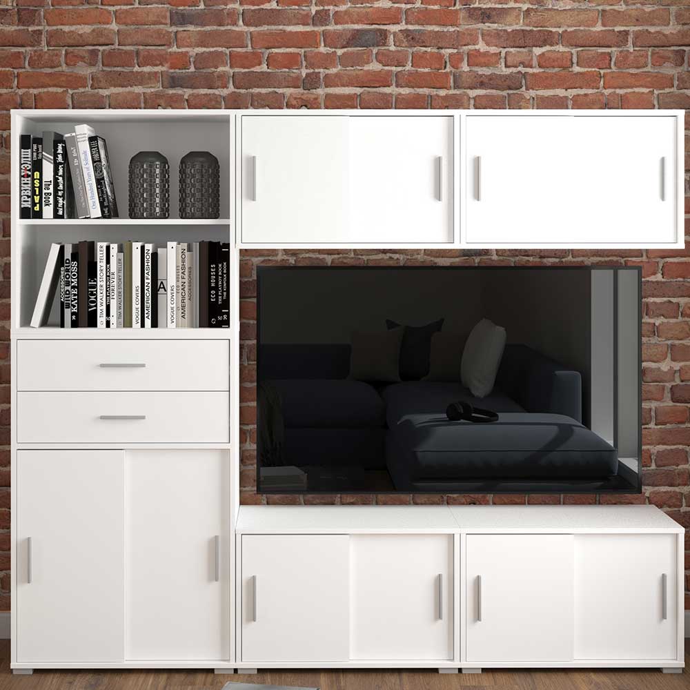 Möbel4Life Wohnzimmerschrankwand in Weiß 204 cm breit (sechsteilig)