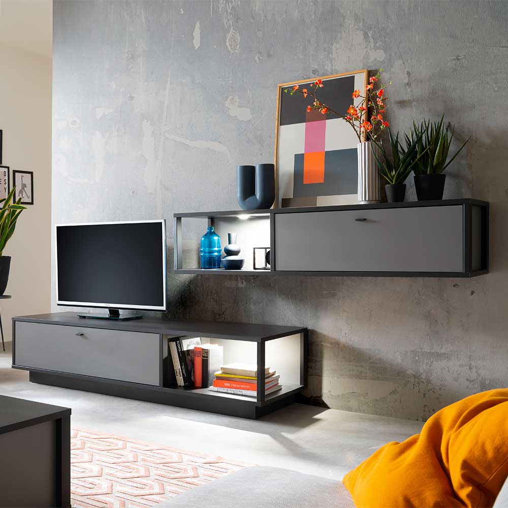 TopDesign Graue TV Wohnwand in modernem Design 50 cm tief (zweiteilig)