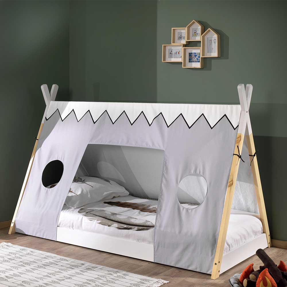 4Home Kinderzimmerbett Zelt in Weiß Hellgrau Kieferfarben