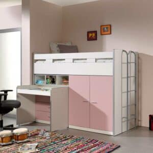 4Home Mädchen Hochbett mit Schrank und Schreibtisch Rosa und Weiß