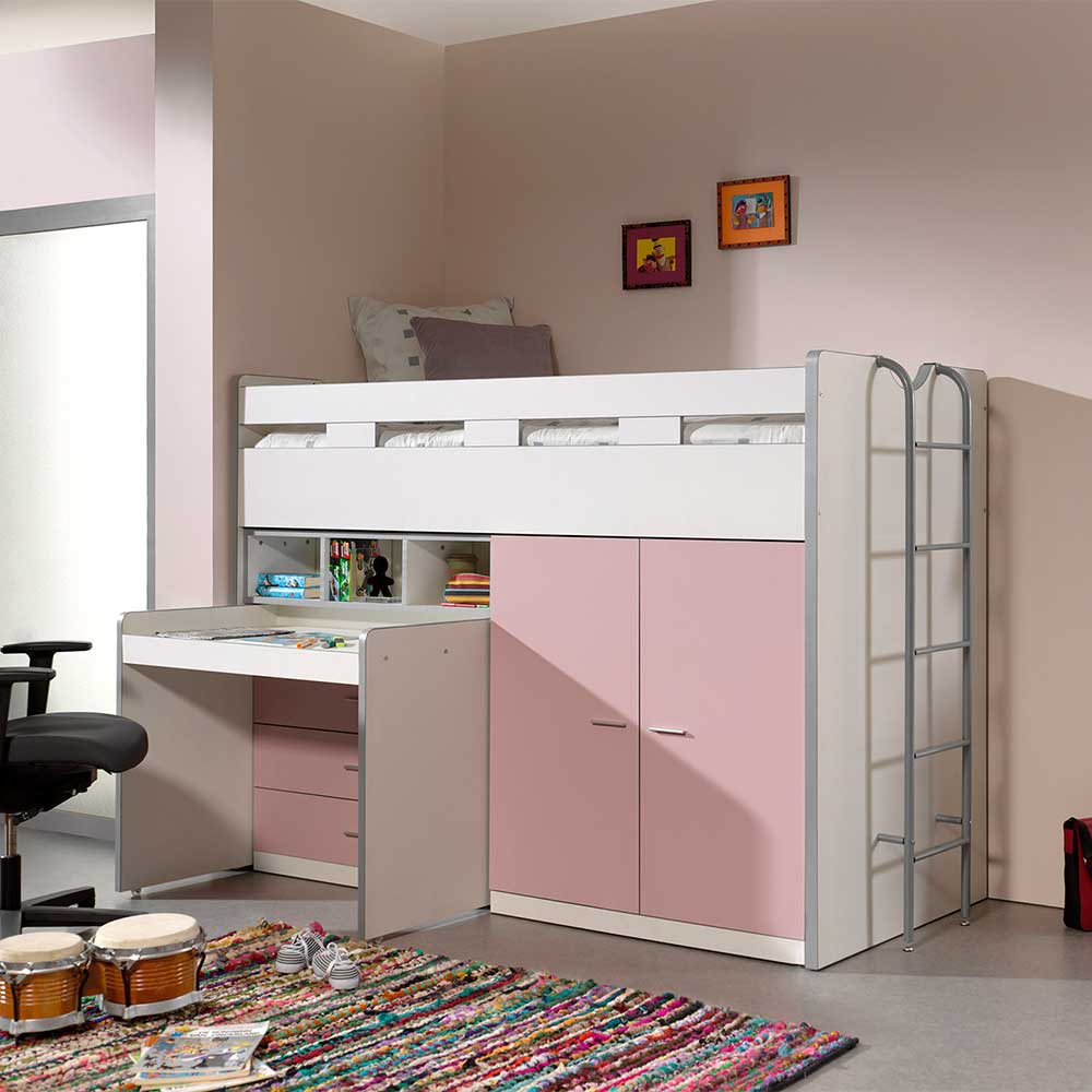 4Home Mädchen Hochbett mit Schrank und Schreibtisch Rosa und Weiß