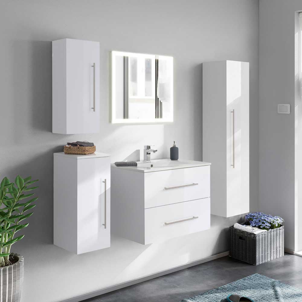 Möbel4Life Hochglanz Badezimmer Set in Weiß LED Beleuchtung (fünfteilig)