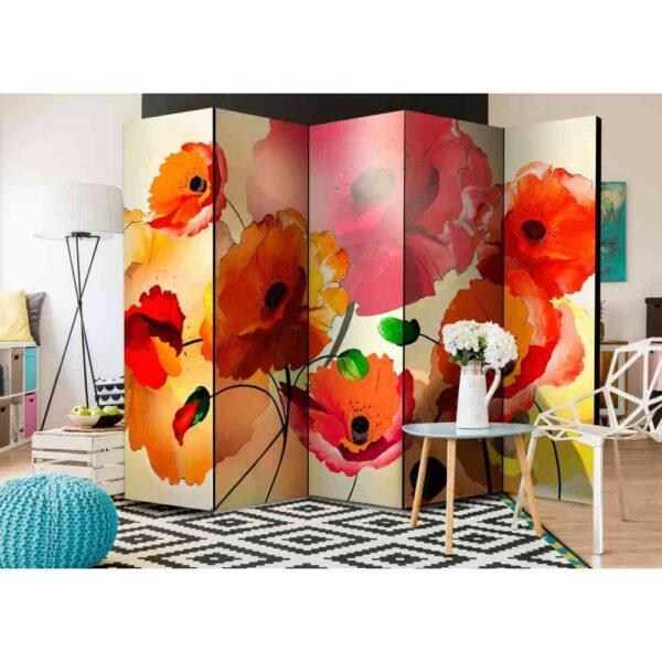 4Home 5-teiliger Paravent mit Mohnblumen in Orange und Rot modern