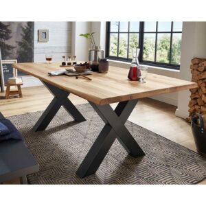 Basilicana Esszimmer Tisch aus Wildeiche Massivholz und Stahl X-Fußgestell