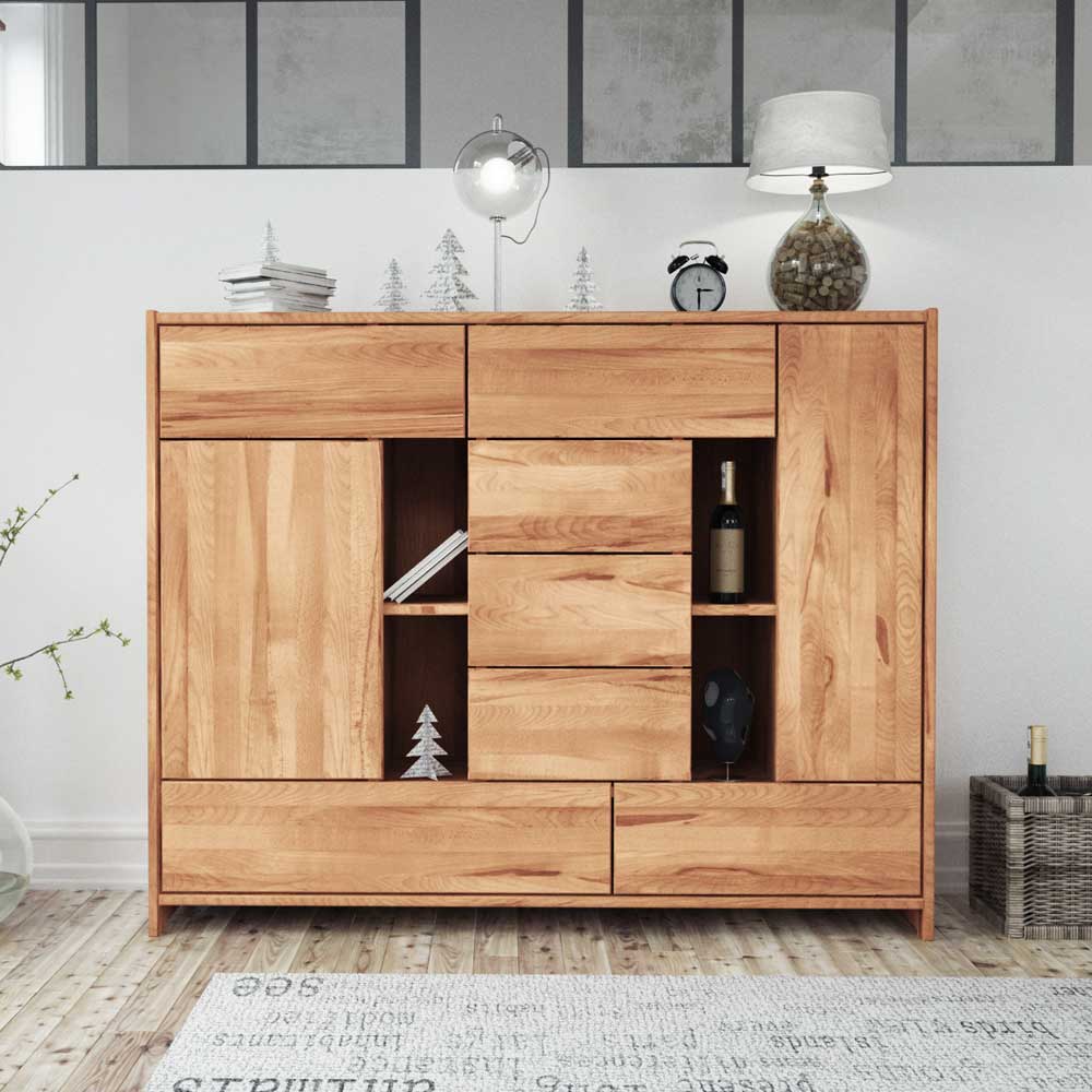 Basilicana Wohnzimmer Sideboard aus Kernbuche Massivholz mit offenen Fächern