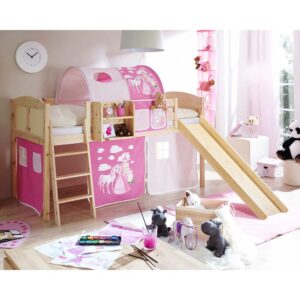 Massivio Kinderbett aus Kiefer Massivholz und Webstoff Prinzessin Motiv