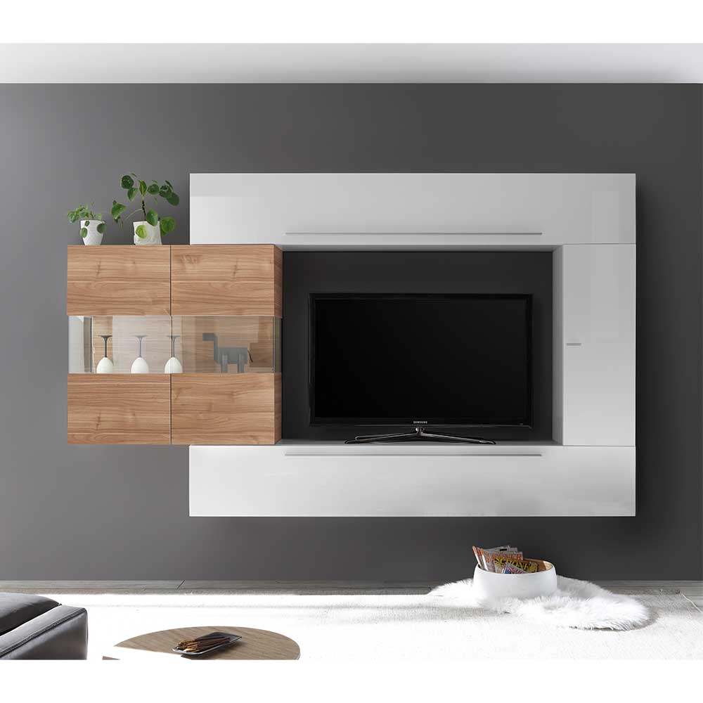Homedreams TV Wohnwand in Weiß Hochglanz und Nussbaumfarben 260 cm breit (vierteilig)