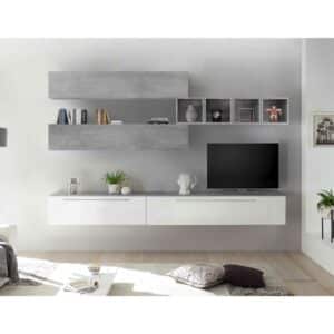 Homedreams Fernseherwand in Weiß Hochglanz und Beton Grau 200 cm hoch (achtteilig)