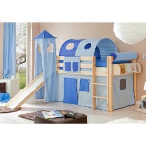 Massivio Halbhohes Bett aus Kiefer Massivholz Rutsche und Turm in Blau