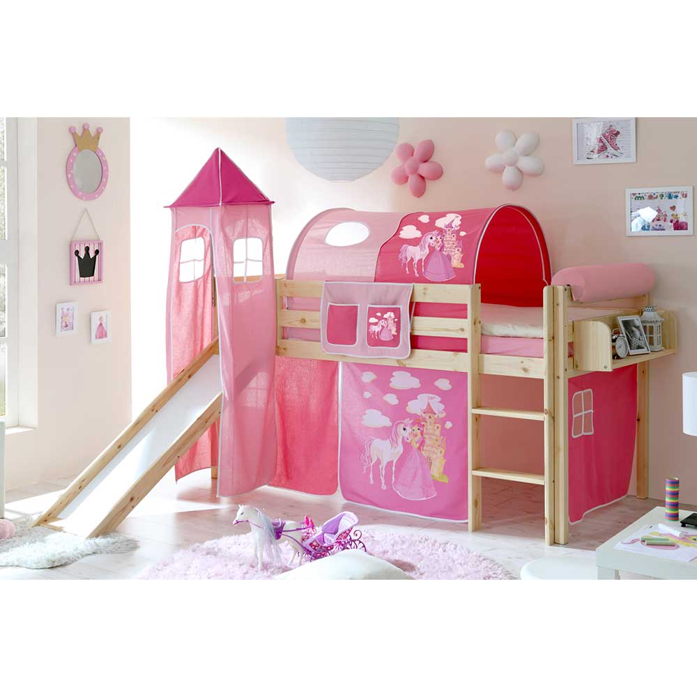 Massivio Prinzessin Kinderbett aus Kiefer Massivholz Rutsche und Turm in Pink