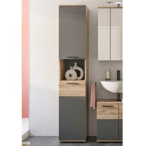 Möbel4Life Hoher Badezimmerschrank in Wildeichefarben und Grau 2 Drehtüren