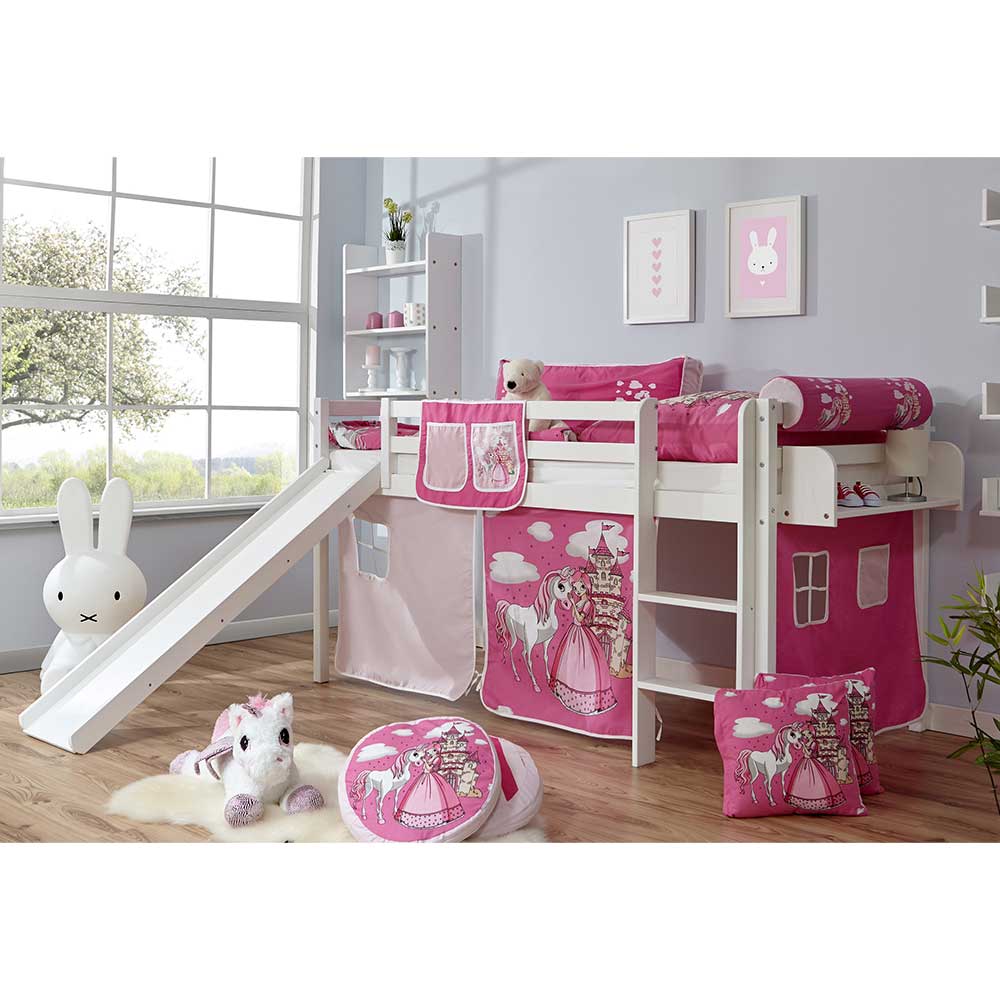 Massivio Kinderrutschbett in Weiß Rosa und Pink Prinzessinnen Motiv
