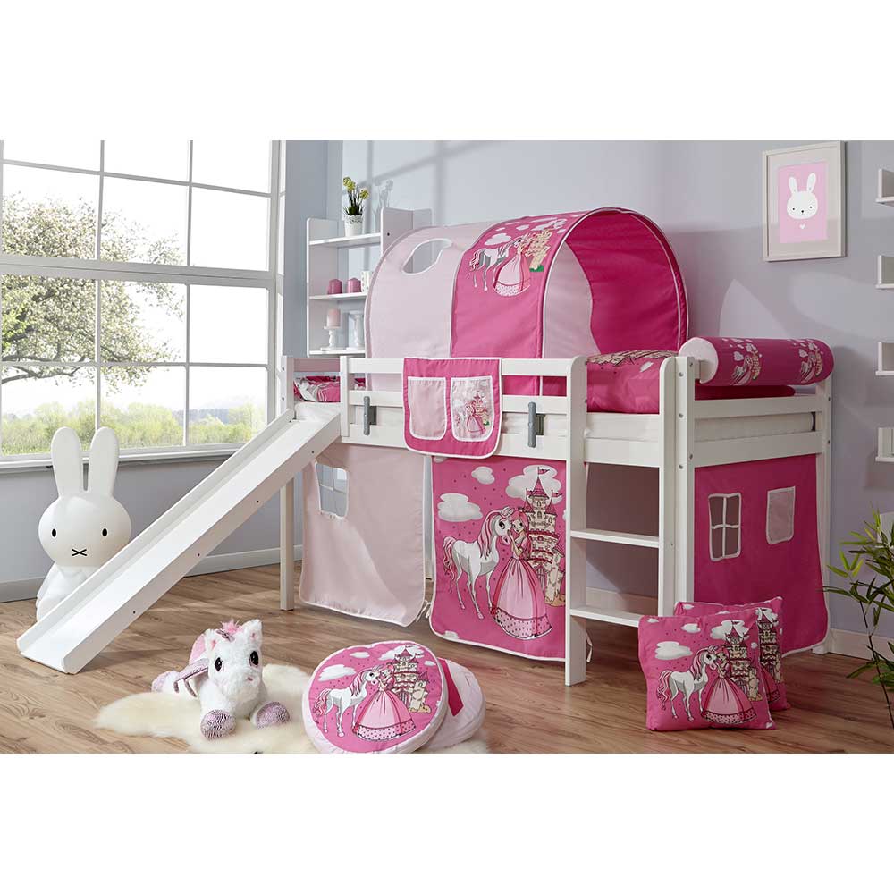 Massivio Mädchenhochbett in Weiß Rosa und Pink Rutsche