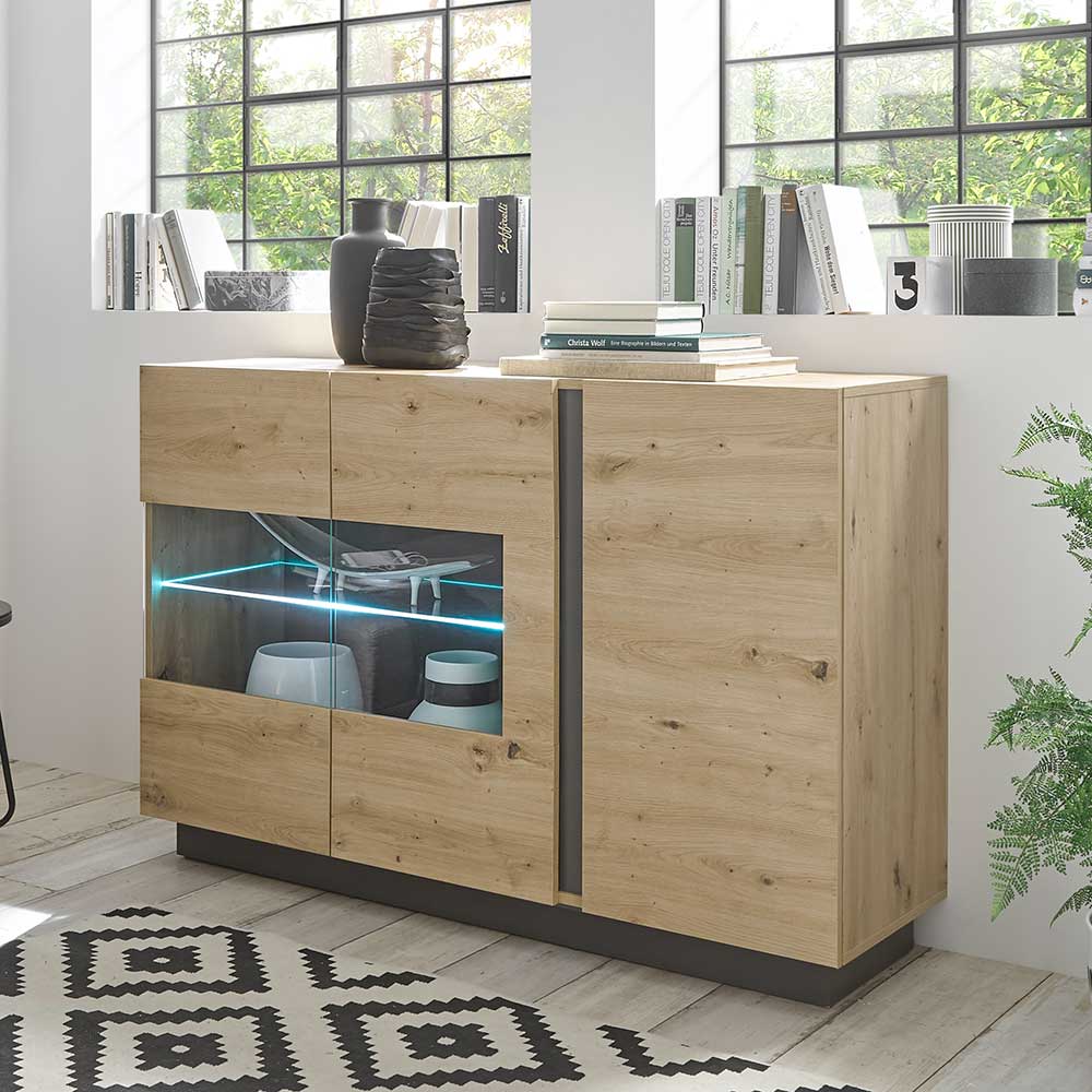 Brandolf Esszimmer Sideboard in Wildeiche Optik und Dunkelgrau 3 türig mit Dämpfung