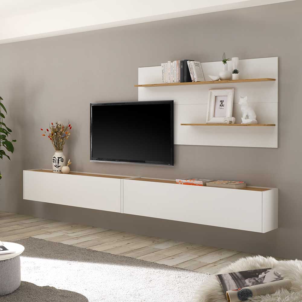 Brandolf Wohnzimmerwand modern in Wildeichefarben und Weiß die Wandmontage (dreiteilig)
