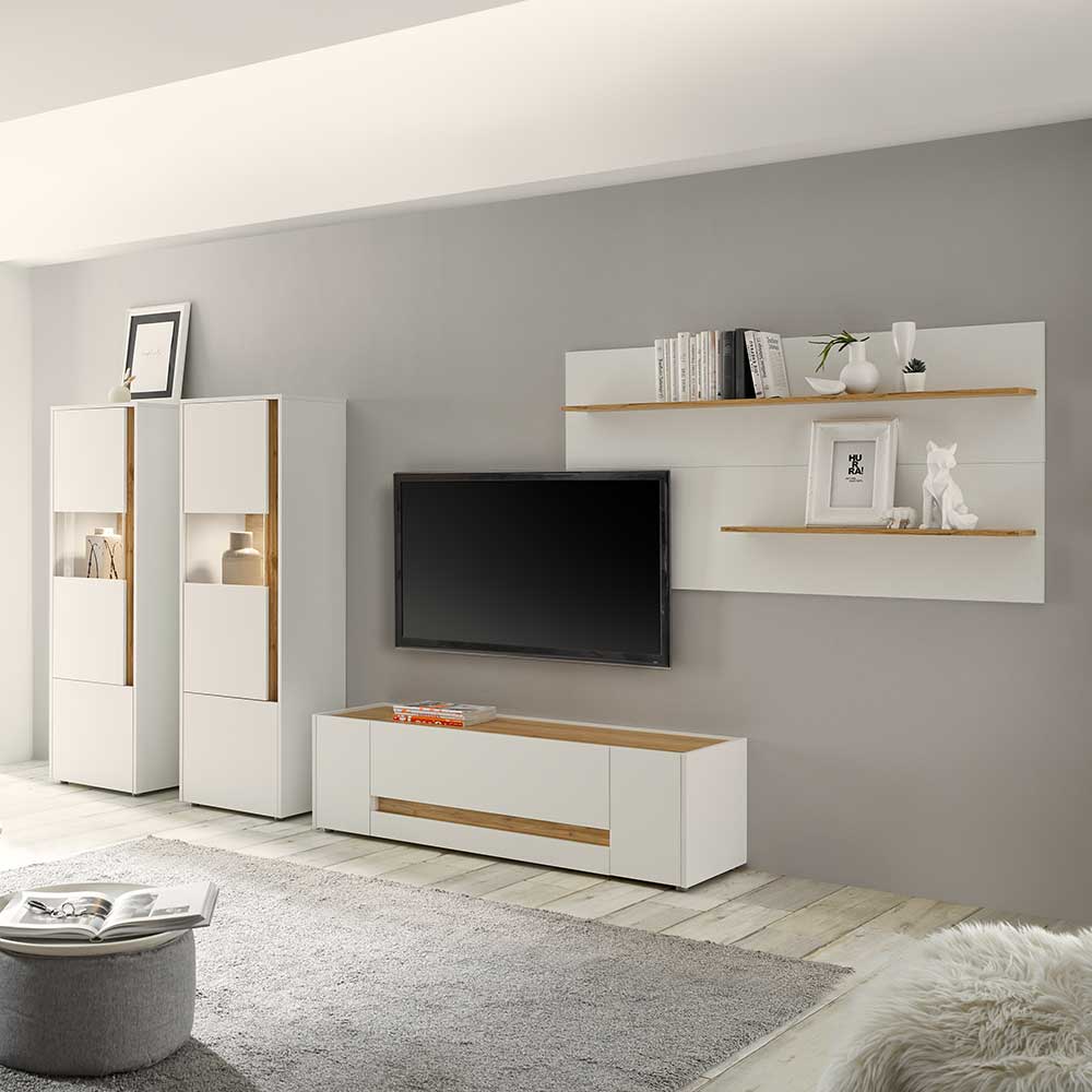 Brandolf TV Wohnwand in modernem Design Wildeichefarben und Weiß (vierteilig)