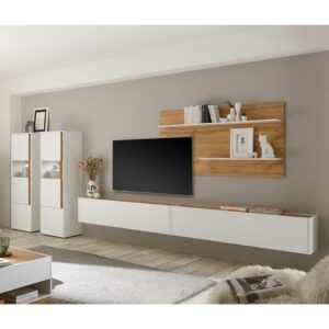 Brandolf Wohnzimmerwand modern in Wildeichefarben und Weiß melaminbeschichtet (fünfteilig)