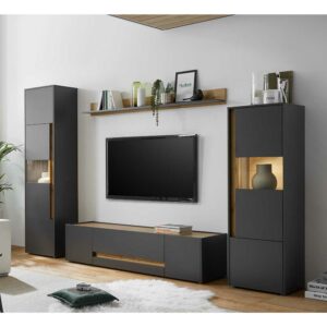 Brandolf Design Wohnwand in Anthrazit und Wildeiche Optik 270 cm breit (vierteilig)