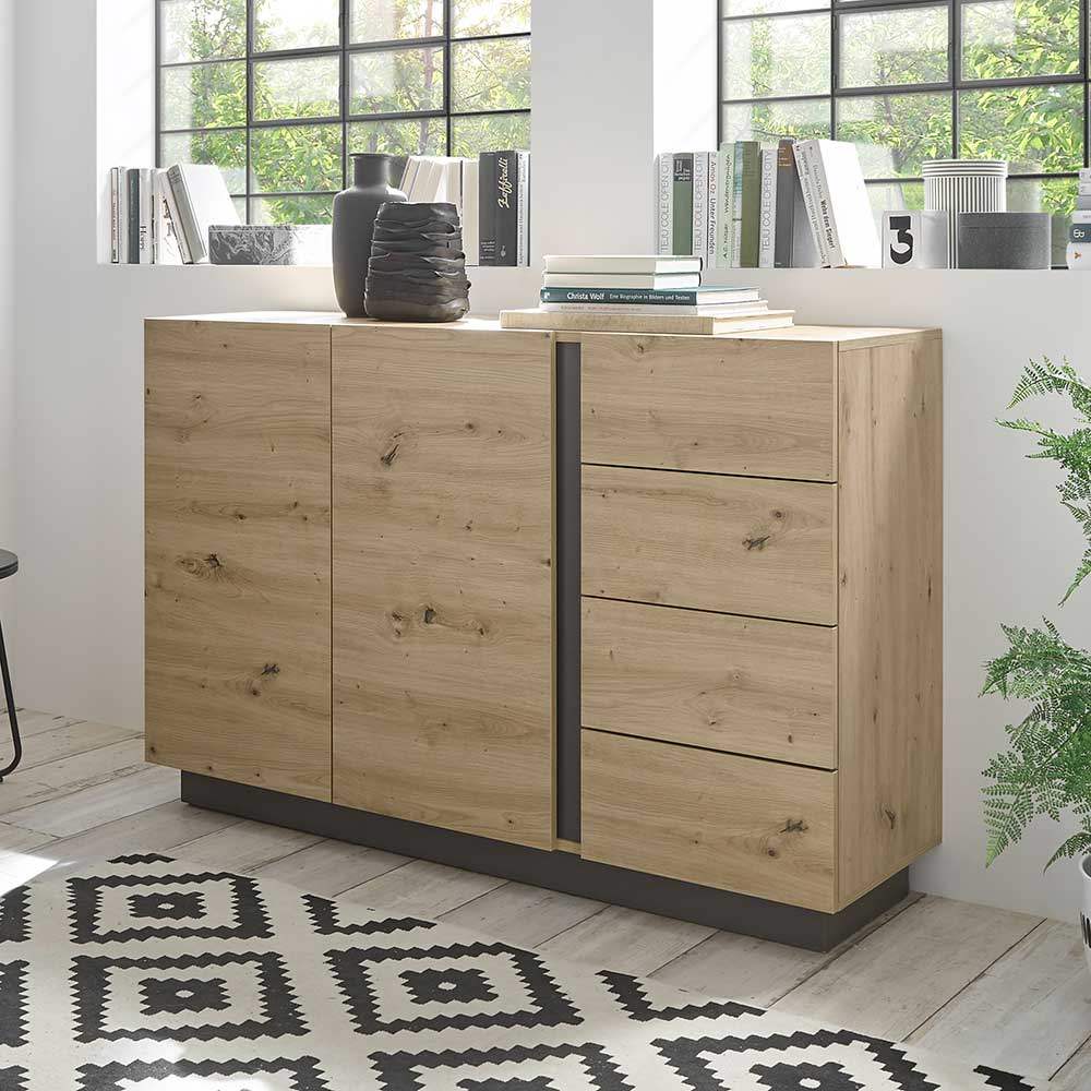 Brandolf Sideboard in Wildeiche Optik und Dunkelgrau 4 Schubladen und 2 Türen