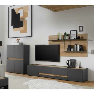 Brandolf Wohnzimmer Anbauwand in Anthrazit und Wildeiche Optik 320 cm breit (dreiteilig)