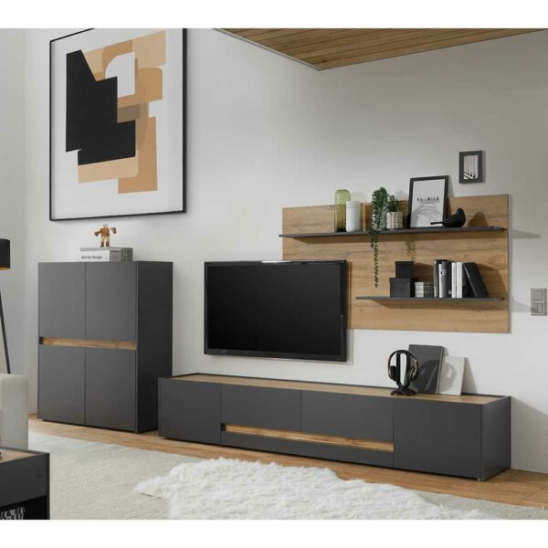 Brandolf Wohnzimmer Anbauwand in Anthrazit und Wildeiche Optik 320 cm breit (dreiteilig)