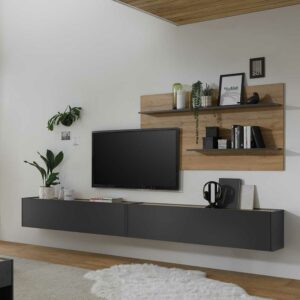 Brandolf Wohnzimmer Anbauwand in Anthrazit und Wildeiche Optik 300 cm breit (dreiteilig)