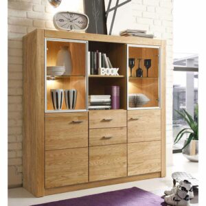 Natura Classico Wohnzimmer Highboard aus Asteiche teilmassiv geölt LED Beleuchtung