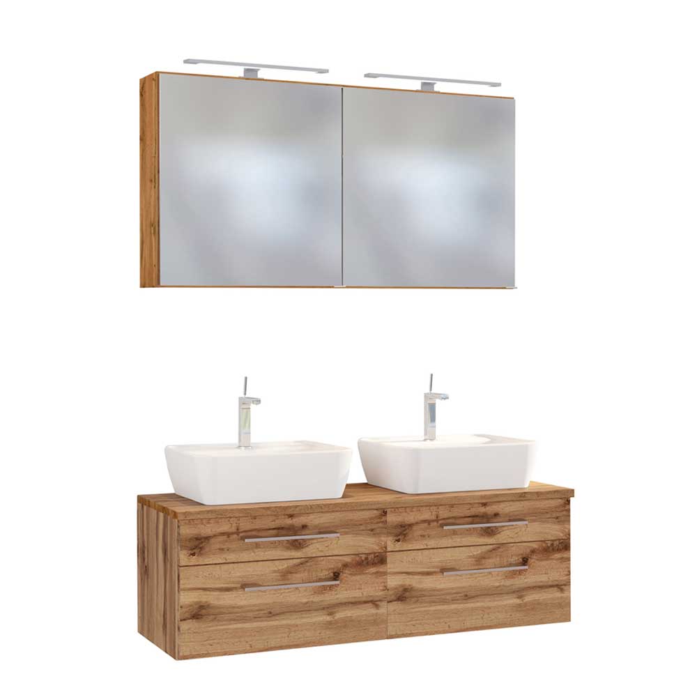Star Möbel Doppel Waschtisch mit LED Spiegelschränken Wildeiche Dekor (dreiteilig)