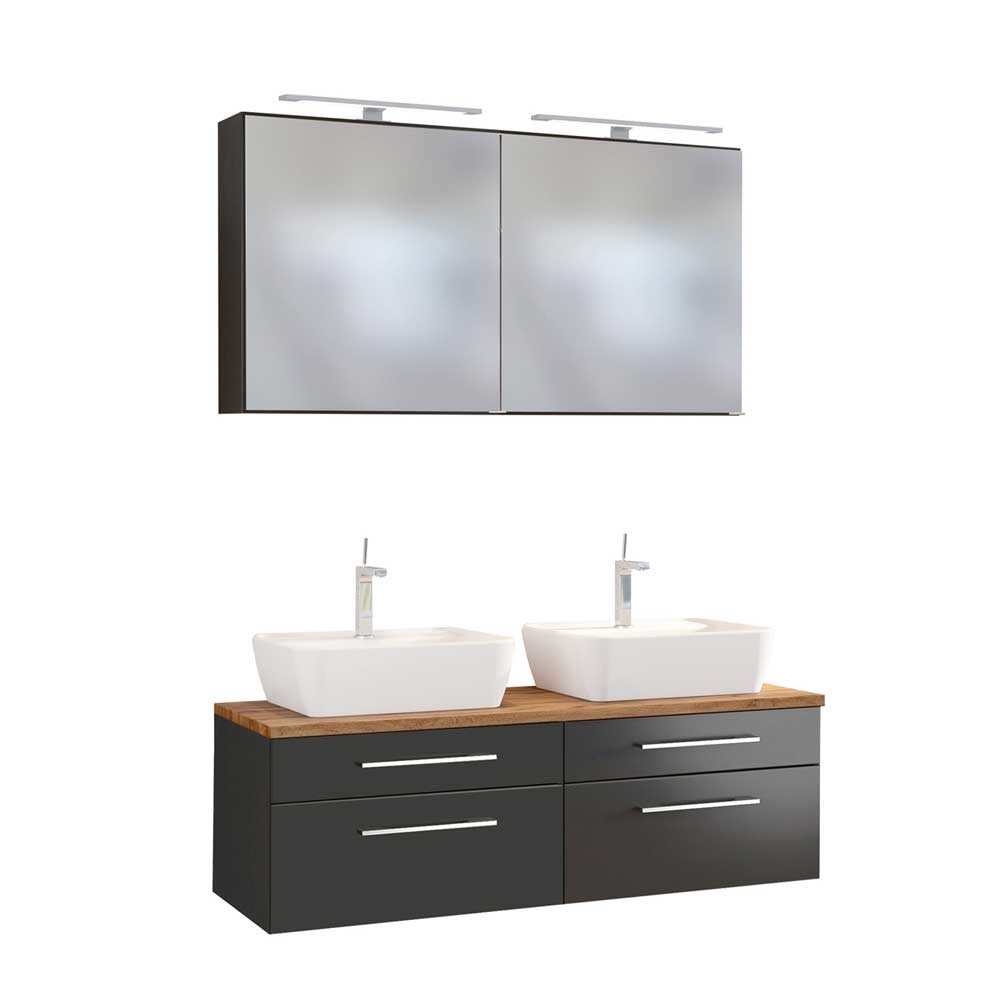 Star Möbel Doppel Waschplatz mit 2 Spiegelschränken dunkel Grau und Wildeiche Dekor (dreiteilig)