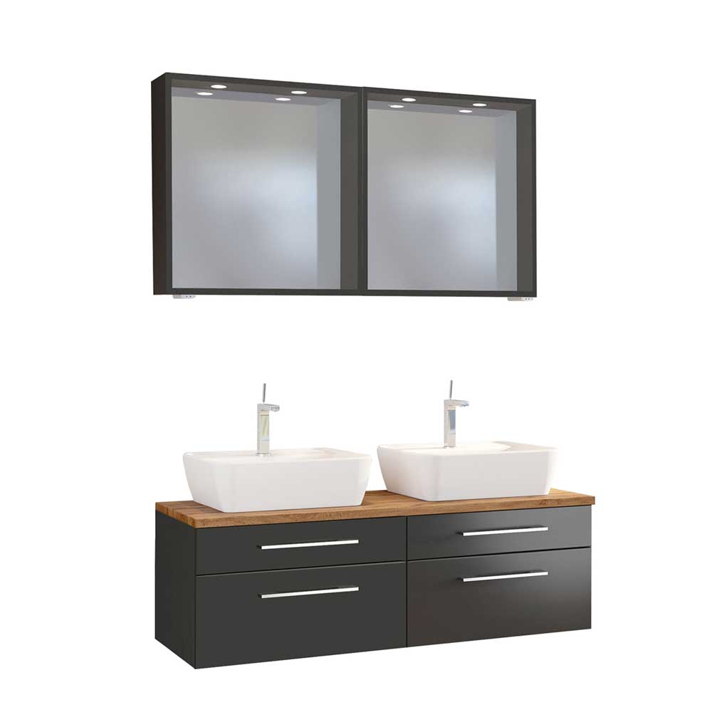 Star Möbel Waschtisch Set mit Doppelwaschtisch und Spiegeln dunkel Grau und Wildeiche (dreiteilig)
