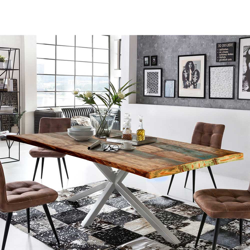 Möbel Exclusive Design Esstisch in Bunt und Altsilberfarben Recyclingholz und Metall