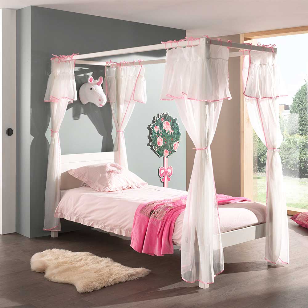 4Home Mädchenkinderbett mit Himmel Weiß und Rosa