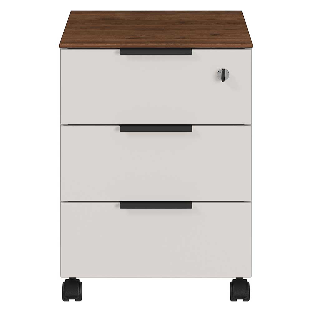 Möbel Exclusive Schreibtischrollcontainer in Creme Weiß und Nussbaum Optik drei Schubladen