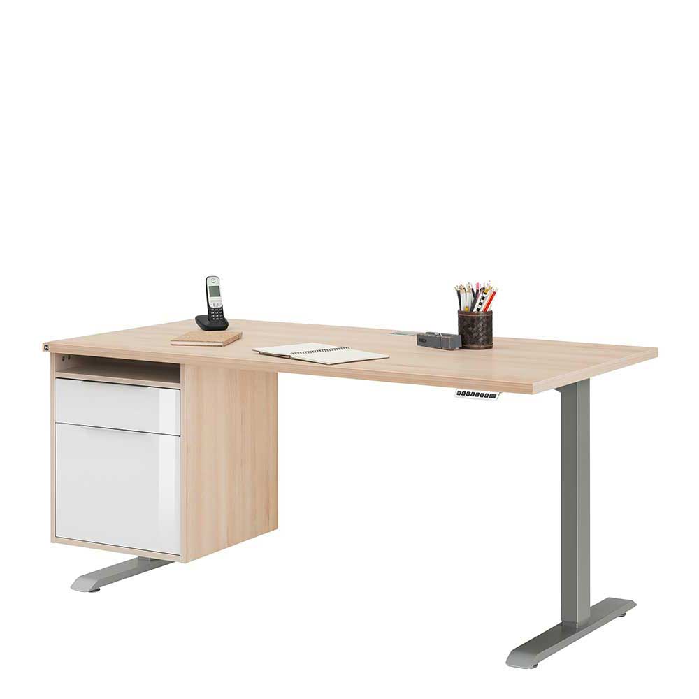Müllermöbel Höhenverstellbarer Schreibtisch mit Kabeldurchlass Buchefarben Weiß und Platingrau