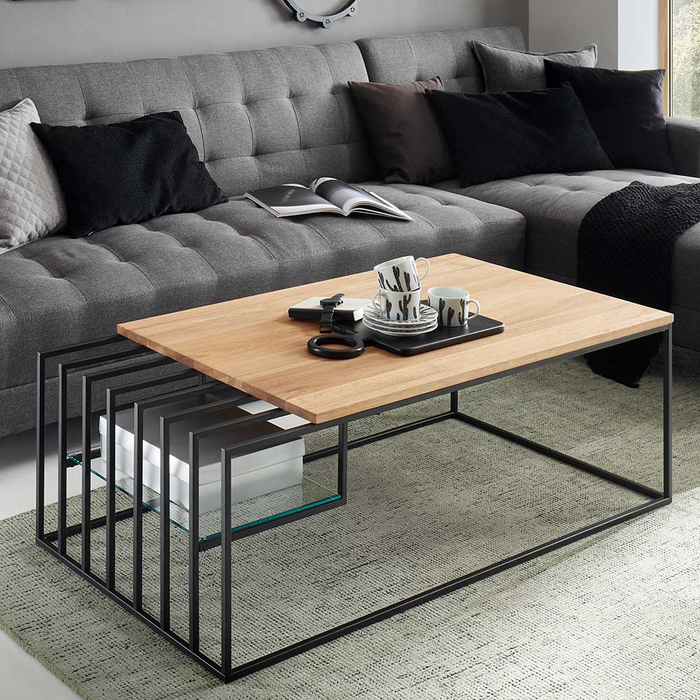 TopDesign Design Couchtisch in Eichefarben und Schwarz Glasablage