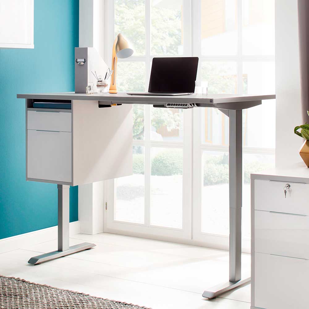 Müllermöbel Schreibtisch in Platingrau und Weiß elektronisch höhenverstellbar