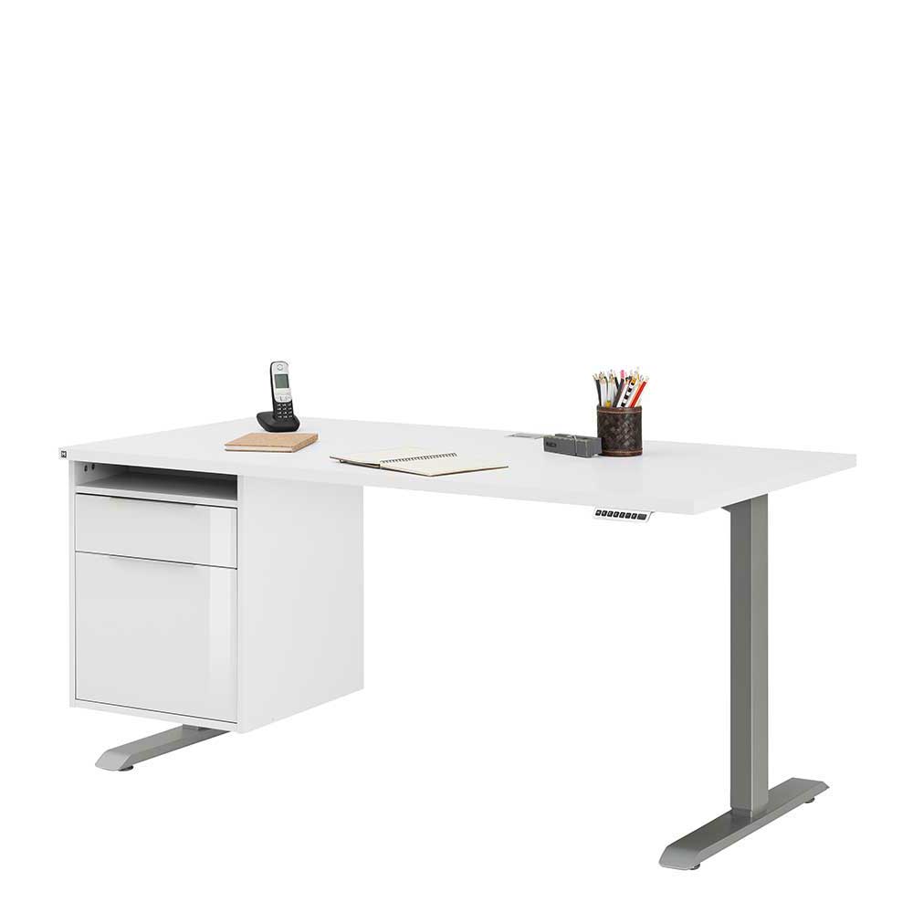 Müllermöbel Höhenverstellbarer Schreibtisch in Weiß Hochglanz Schublade und Tür