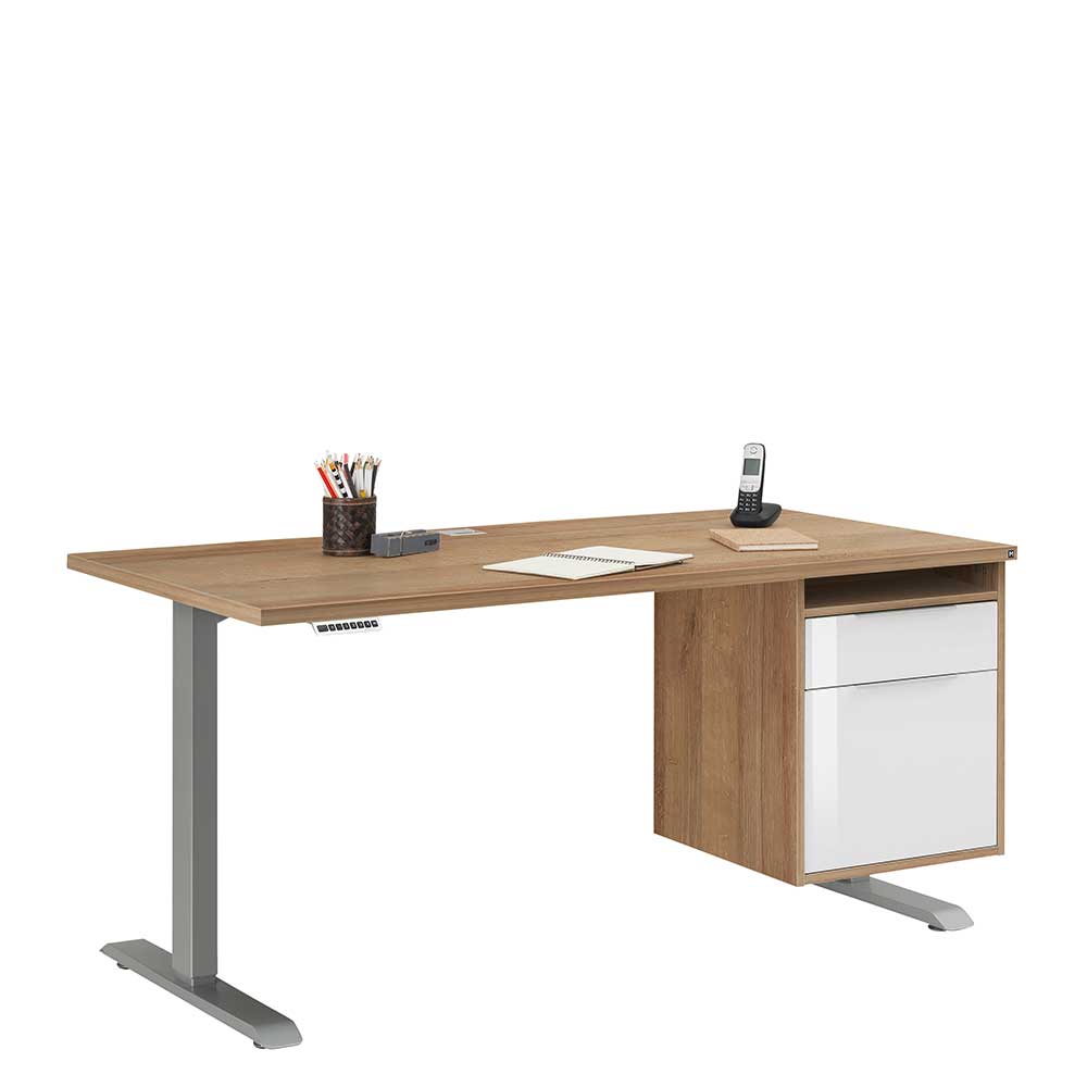 Müllermöbel Höhenverstellbarer Schreibtisch in Wildeichefarben und Weiß Hochglanz
