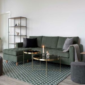 4Home Dunkelgrünes L Sofa aus Cordstoff und Massivholz drei Sitzplätze