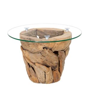 Natura Classico Design Couchtisch aus Teak Recyclingholz runde Glasplatte