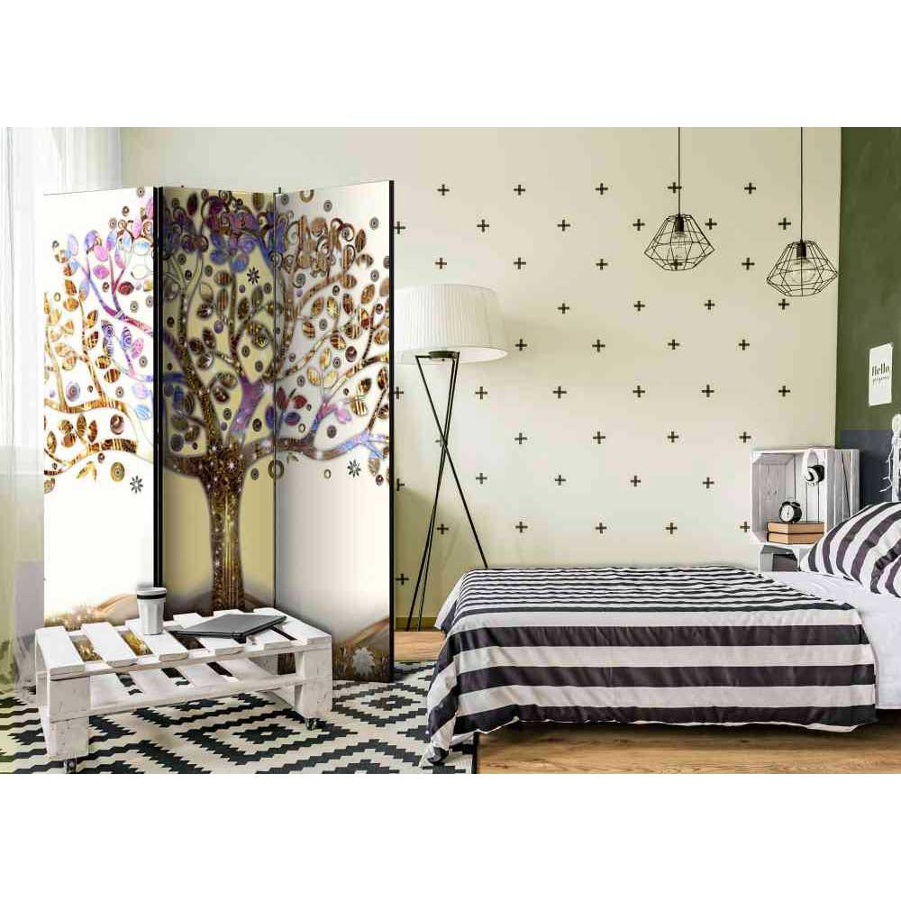 4Home Leinwand Paravent mit Baum Motiv Bunt und Goldfarben