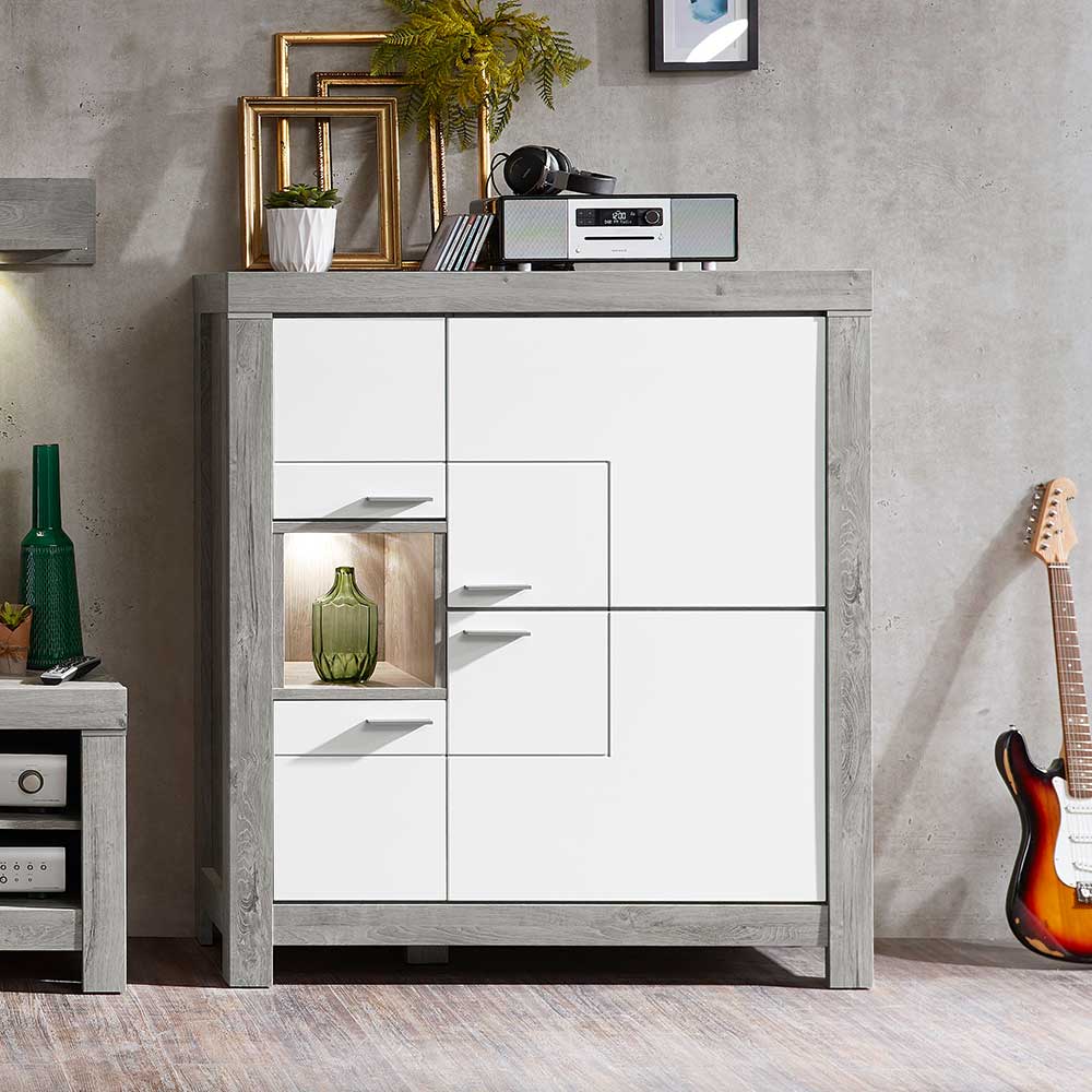 BestLivingHome Highboard in Weiß und Eiche dunkel LED Beleuchtung