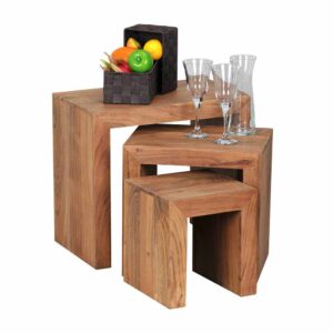 Möbel4Life Beistelltisch Set aus Akazie Massivholz naturbelassen (dreiteilig)
