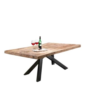 Möbel Exclusive Holztisch rustikal mit Vierfußgestell schwarz Teak Massivholz und Metall