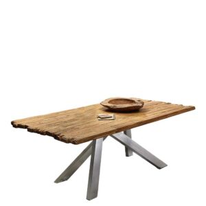 Möbel Exclusive Holztisch rustikal in Teak und Altsilberfarben Recyclingholz und Metall